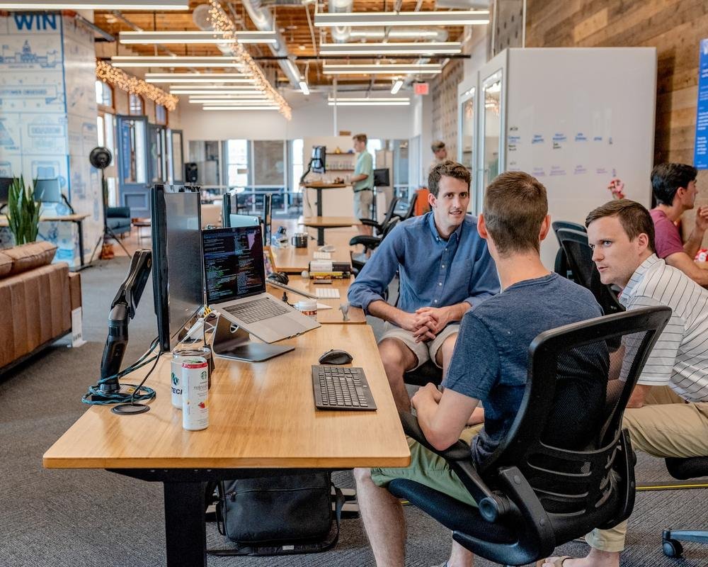 Team collaborating in a bright open office